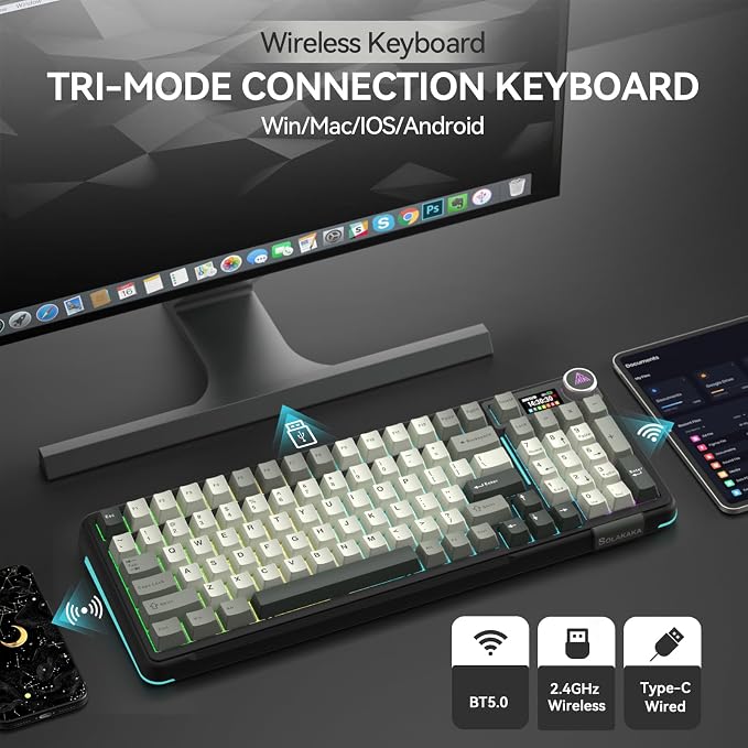 SOLAKAKA A99 Pro Wireless Mechanical Keyboard with LCD Screen & Metal Knob, 2.4GHz/BT5.0/USB-C, RGB Backlit Gaming Keyboard, Hot Swappable, Creamy Keyboard with Gasket Structure, for Win/Mac