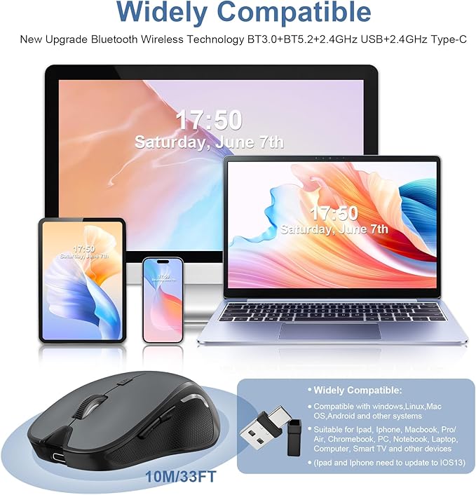 Mouse for MacBook Wireless Bluetooth Mouse Laptop MacBook Air Mac Pro Rechargeable Silent PC iPad Optical Mouse with Jiggler Dual Mode Switch Bluetooth 5.2/3.0 and 2.4GHz USB Type-C Receiver Red