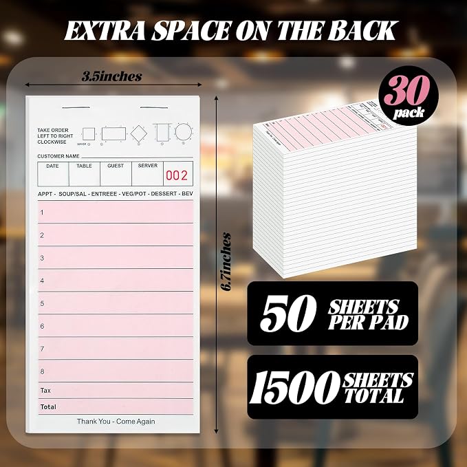 ZPARIK Server Note Pads, Pink Guest Checks Books for Servers, 30 Pack | 50 Sheets Per Pad, Server Pads, Total 1500 Sheets Server Paper, Waitress Notepads for Restaurants