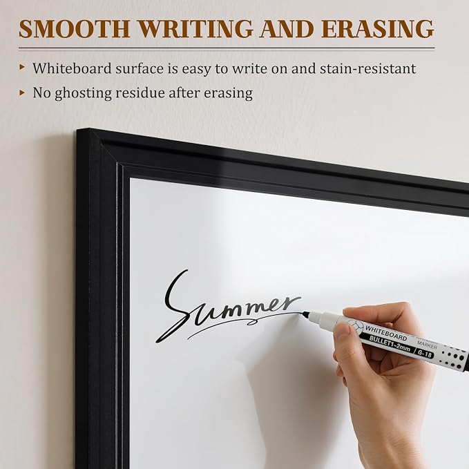 White Board for Wall, 36'' x 24'' Magnetic Dry Erase Board, Black | Wooden Frame, Decorative Whiteboard, Wall Mounted, for Home, Office, Kitchen, Dorm, 4 Markers, 6 Magnets, A Eraser