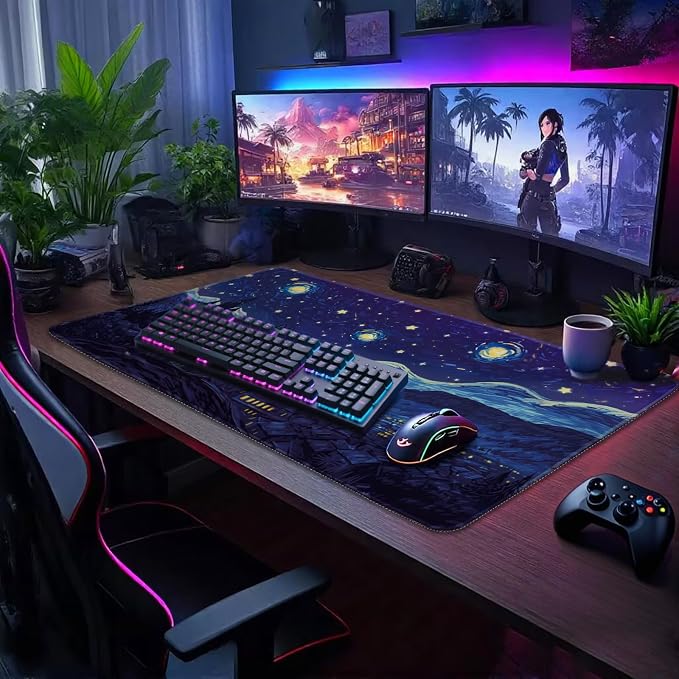 Starry Night Cat Large Gaming Mouse Pad Desk Mat 31.5"x15.7" | Extended Mousepad, Non-Slip Rubber Base , Stitched Edges, for Computer/Laptop/Office/Home