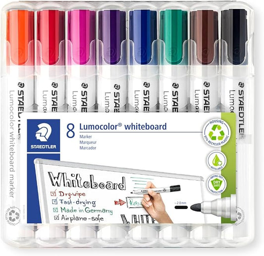 STAEDTLER 351 WP8 Lumocolor Whiteboard Marker Bullet Tip - Assorted Colours (Pack of 8)