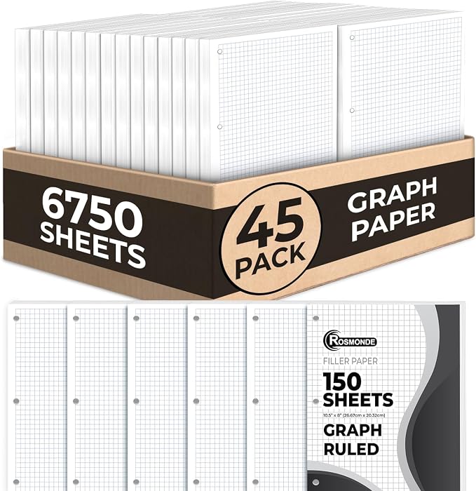 6750 Sheets Loose Leaf Paper Bulk, 45 Pack, Graph Paper Bulk | Bulk Grid Paper, 4x4, 8" x 10.5", Thick Graphing Paper, Fights Ink Bleed, 3 Hole Punched, Quad Ruled Sheets, Bulk Supplies
