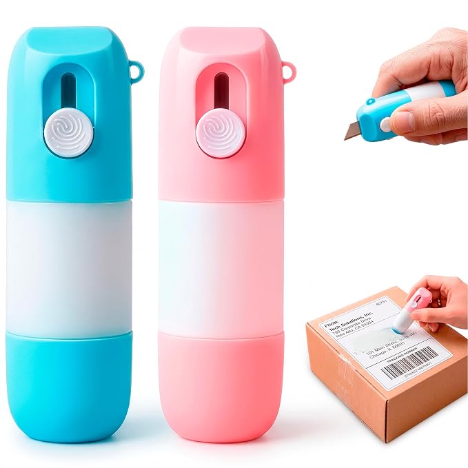 2 Pcs Water-Based Thermal Paper Eraser Pen with Mini Box Cutter Blue & Pink - Thermal Label Eraser, Liquid Redacting Marker for Covering Thermal Print on Receipts, Shipping Labels & Bills for Labels