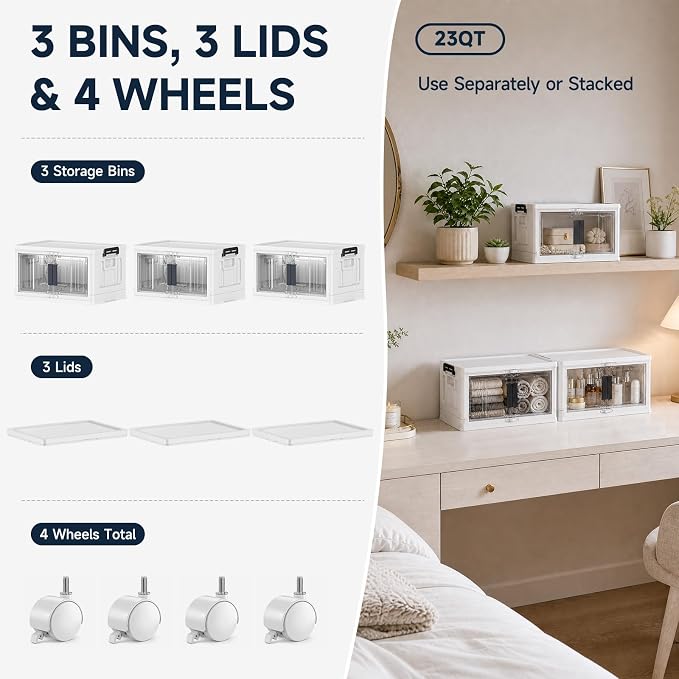 OlarHike 23QT Storage Bins with Lids for Closet, Office, Dorm, 3 Pack | Multi-Lid, Lockable Cabinet, Doors & Wheels, School, Bathroom, Foldable Containers, Stackable Organizers, Plastic Drawers