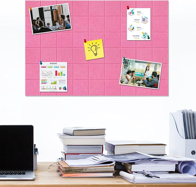 Large Square Felt Cork Board Tiles, Self Adhesive DIY Felt Bulletin Board Pin Board with 35 Pushpins for Office School Home Wall Decor Stickers Memos Photos Display (Pink)