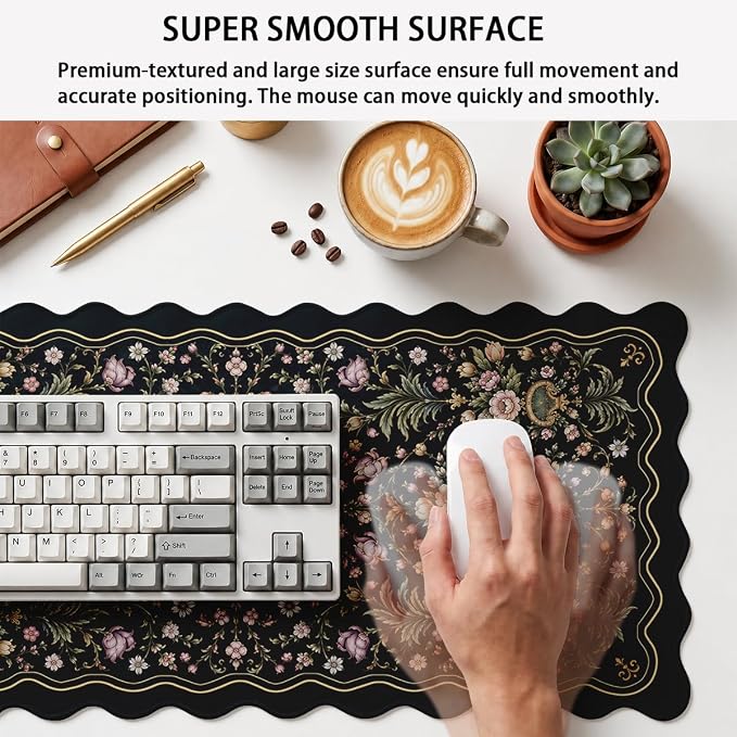 Vintage Floral Scalloped Mouse Pad Navy Blush Botanical Flowers Large Gaming with Stitched Edges,Non-Slip Waterproof Rubber Base Mous Mat Office Computer Keyboard Laptop Home 31.5"x15.7"
