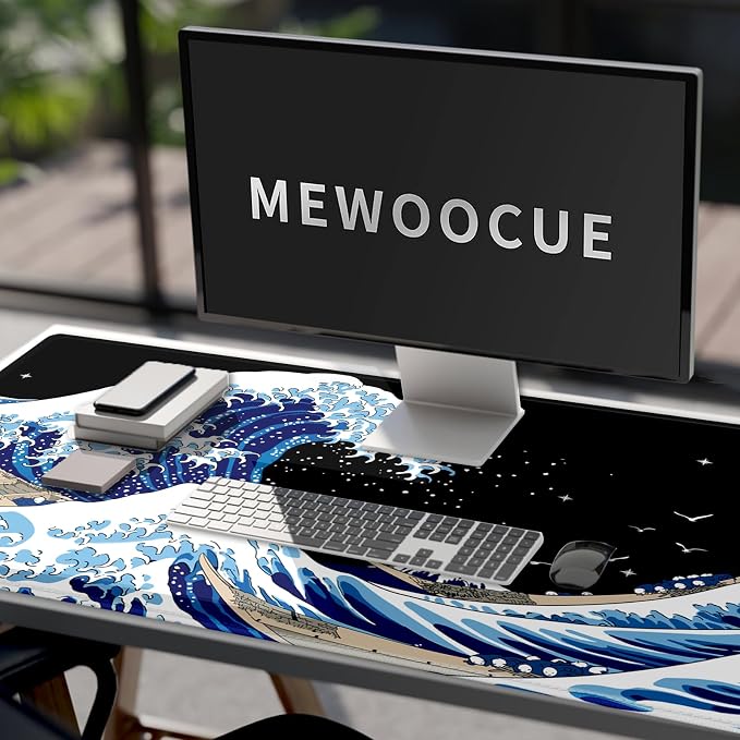 Gaming Laptop Mouse Pad,Sea Wave Big Mice Pads PC Keyboard Waterproof and Non-Slip 47.2" x 23.6" 0.15" Thick XL,XXL Rubber Table Mat, Kanagawa Surfing and Black Japanese Mouse Pads
