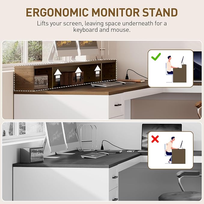63" L Shaped Desk with Drawers, Corner Desk with File Cabinet | LED L Shaped Office Desk with Storage, Wooden L Shaped Executive Desk with Power Outlet & Monitor Stand, White and Walnut