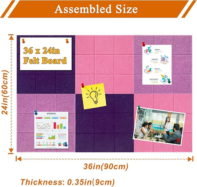 Large Square Felt Cork Board Tiles, Self Adhesive DIY Felt Bulletin Board with 35 Pushpins for Office School Home Wall Decor Stickers Memos Photos Display (Purple & Pink)