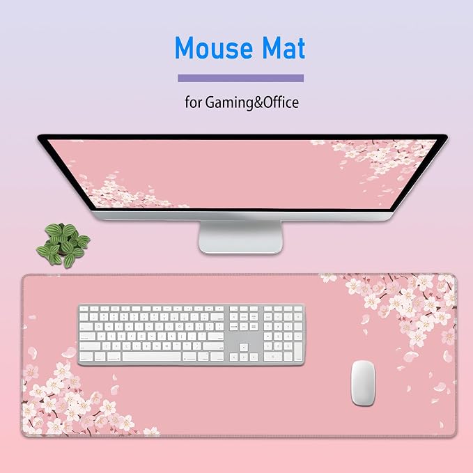 Pastel Pink Cherry Blossom Desk Mat,Large Gaming Mouse Pad,31.5x12in | Sakura Flowers Petal Aesthetic Extended Mousepad,XL Stitched Edges Keyboard Mat Elegant Desk Decor for Women,80x30 cm