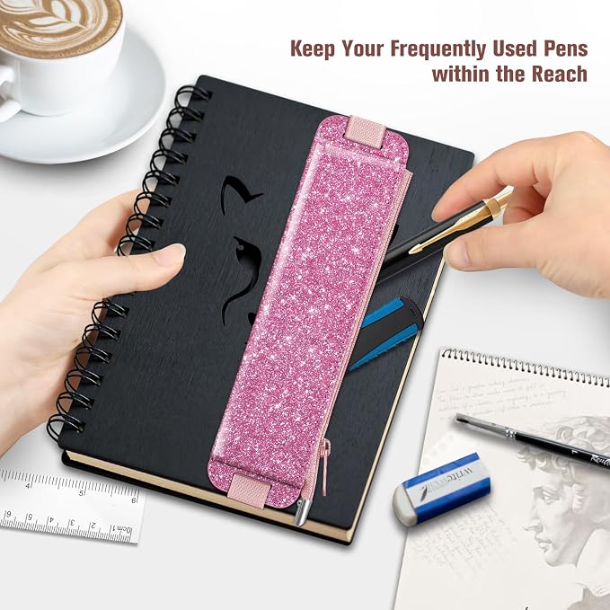 FINPAC 2-Pack Elastic Pen Holder for Notebook Leather Pen Holder | Stationery Zipper Bag for Pencils, Pen Pouch with Elastic Band for Bible Journaling, Planners, Tablets, Glitter Pink & Gray