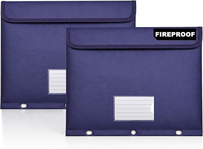 Fireproof 3 Ring Binder Pocket, Document Bag Side Loading, 2 Pack | Water Resistant,Heat Insulated,Hook&Loop Closures,Binder Folders,Safe Storage for Home Office Travel,Letter Size,Blue