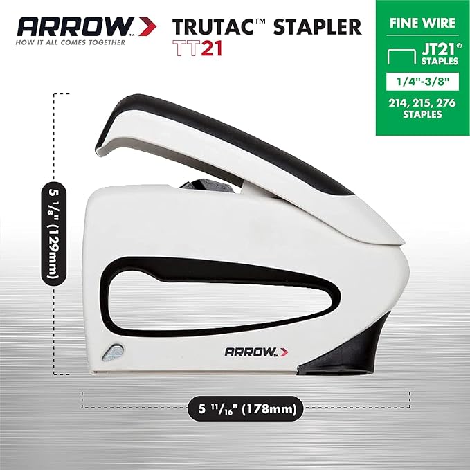 Arrow TT21 TruTac Forward Action Staple Gun, Manual Push Stapler for Upholstery, Crafts, Decorating, and Repairs, Fits JT21 Thin Wire Staples | Staple-Viewing Window, Bottom-Load Magazine, Fits JT21 1/4", 5/16" & 3/8" Staples, For Upholstery, Crafts, D...