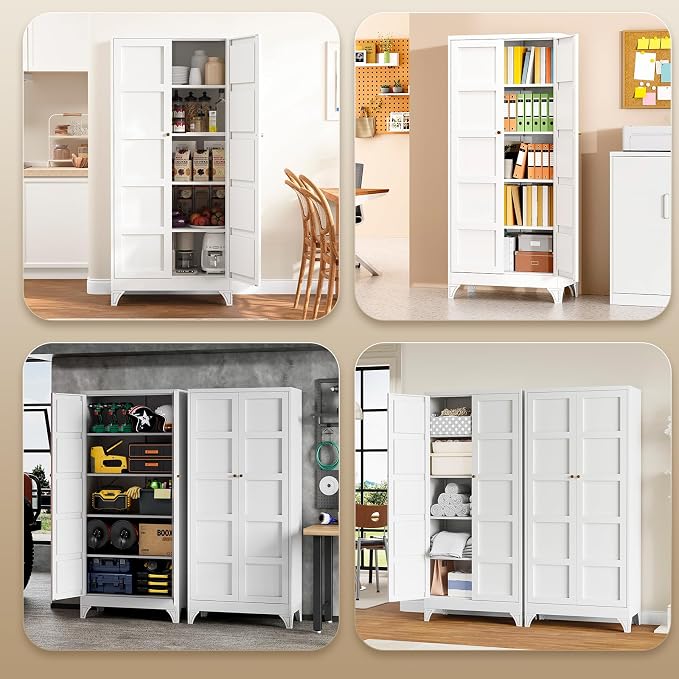 Metal Storage Cabinet with 2 Doors and 4 Adjustable Shelves,- 72" White Kitchen Pantry Storage Cabinet for Kitchen,Living Room,Dining Room