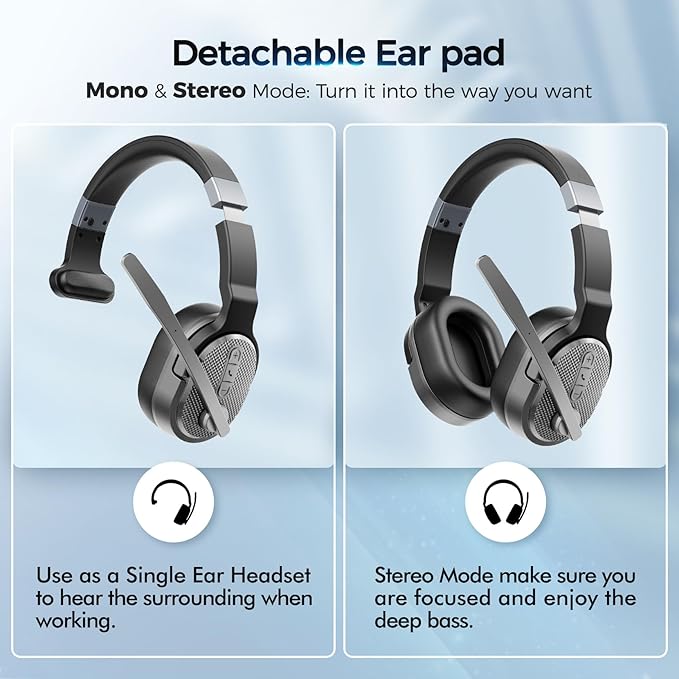 Trucker Bluetooth Headset, Wireless Headsets with Noise Cancelling Microphone, 50+Hrs HD Talktime Bluetooth Headphones with Detachable Earpad/Single+Dual Mode for Office/Driving/Home (Silver)