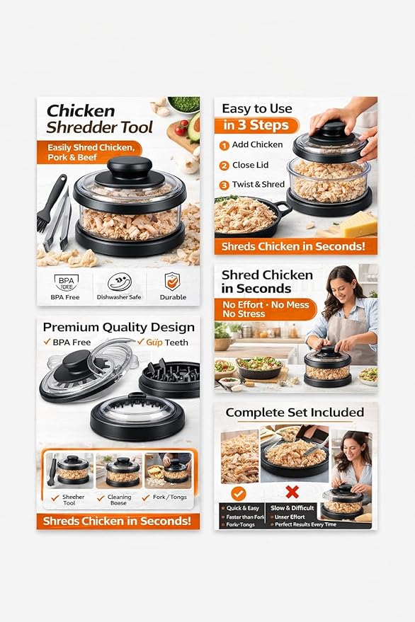 Chicken Shredder Tool, Large Meat Shredder with Handle, Easy Twist Chicken Breast Shredder, BPA Free, Fast & Effortless Shredding for Chicken, Pork & Beef, Includes Cleaning Brush & Fork