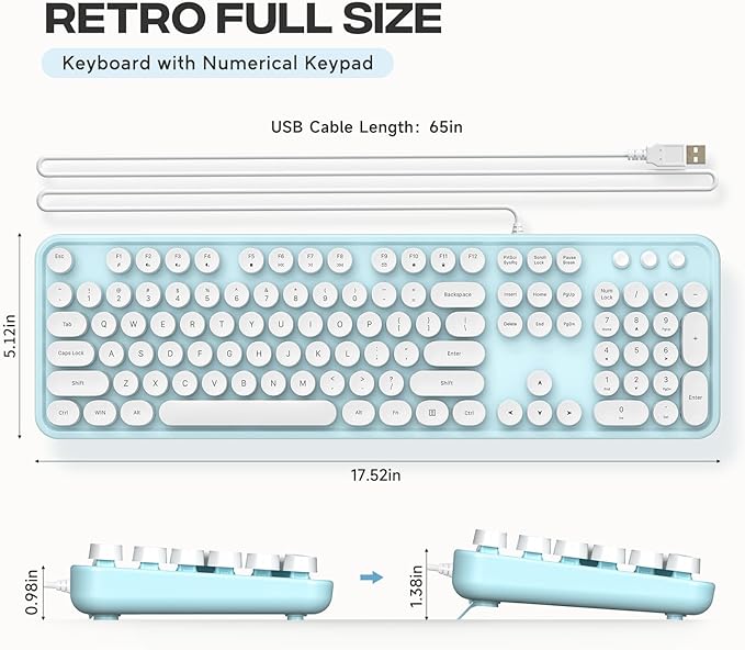 Computer Keyboard Wired, Plug and Play USB Retro Round Typewriter Keyboard, Full Size Wired Keyboard with Foldable Stands for Laptop and Office PC
