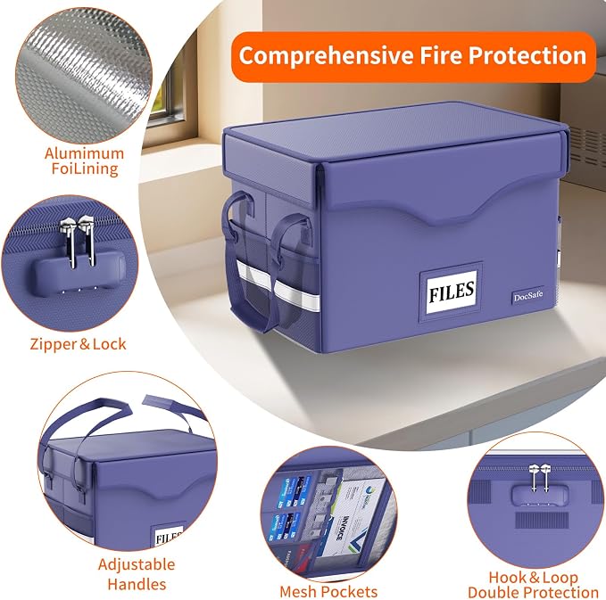 DocSafe 5200°F Fireproof Document Box with Lock,Heat Insulated File Organizer Storage with Pockets,Collapsible Portable Home Office File Safe Box with Handle for Hanging Letter/Legal Folders, Blue