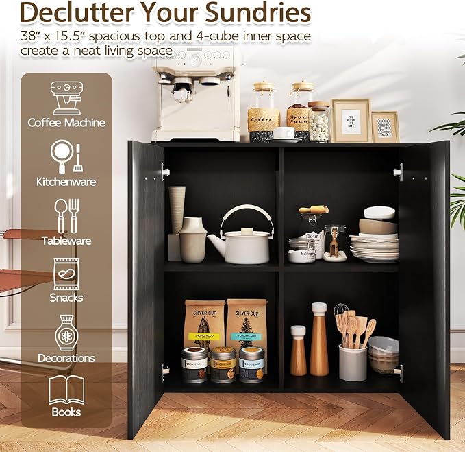 GIANTEX 38" Sideboard Cabinet with 2 Doors & 4 Shelves (Black) | Bathroom Storage Organizer with Anti-Tipping Device, Metal Hinges, Credenza for Living Room, Kitchen, Entryway