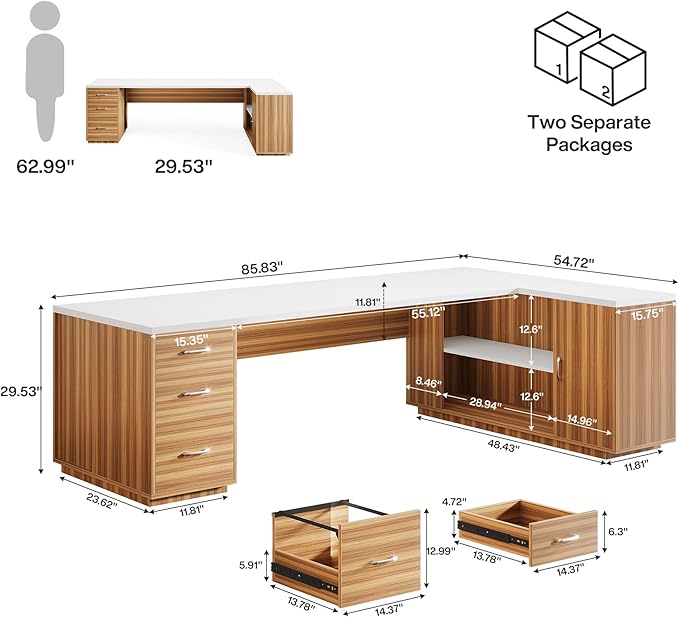 Tribesigns 85.8" L-Shaped Executive Desk, Extra Large Office Desk with File Drawers, Modern Business Furniture, Computer Desk Workstation with Door Cabinet, Shelves for Home Office, White & Brown