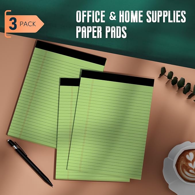 3 Pack Colored Legal Pads 8.5 x 11 Wide Ruled Note Pads, Green Notepads | Writing Pad 30 Sheets/Pad, Perforated Lined Paper Note Pad 8.5 x 11 of Paper Notebook To-Do List for School & Office Supplies