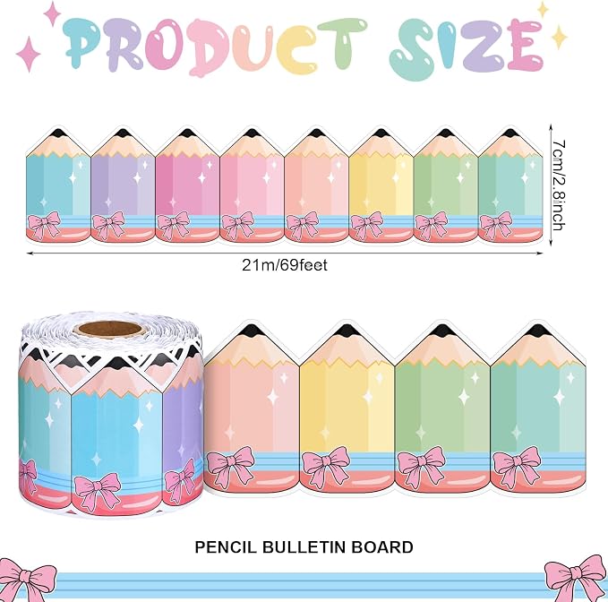 Gersoniel 69 ft Pastel Pencil Bulletin Board Borders Pencil Bow Die-Cut Border Trim Roll Back to School Classroom Decorations for Teacher Blackboard Chalkboard Offices Home Walls