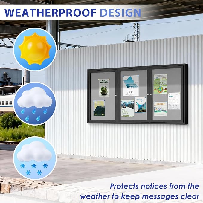 SWANCROWN 70x43 in Outdoor Bulletin Board Wall Display Board, Grey Felt | Enclosed, Weatherproof, Shatter Resistant, Silver Aluminum Frame, Notice Board for Office School Business Community