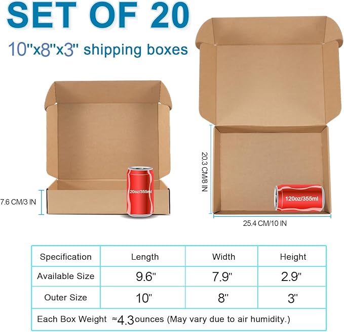 Small Shipping Boxes 10x8x3 Inches - Kraft Brown Corrugated Cardboard Boxes (20-Pack) for Mailing, Packing, Small Business & Gift Packaging - Recyclable & Sturdy