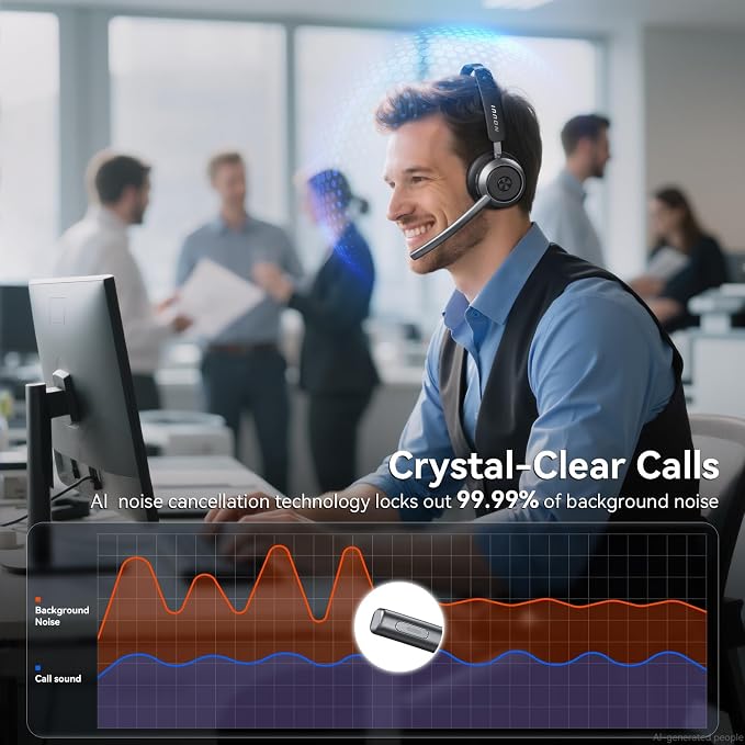 Wireless Headset with Mic for Work, Wireless Headphones with Mic(Noise Cancelling & Mute Button),65H Battery with Charge Base Bluetooth Headset with Microphone for PC/Call Center/Computer/Zooms/Teams