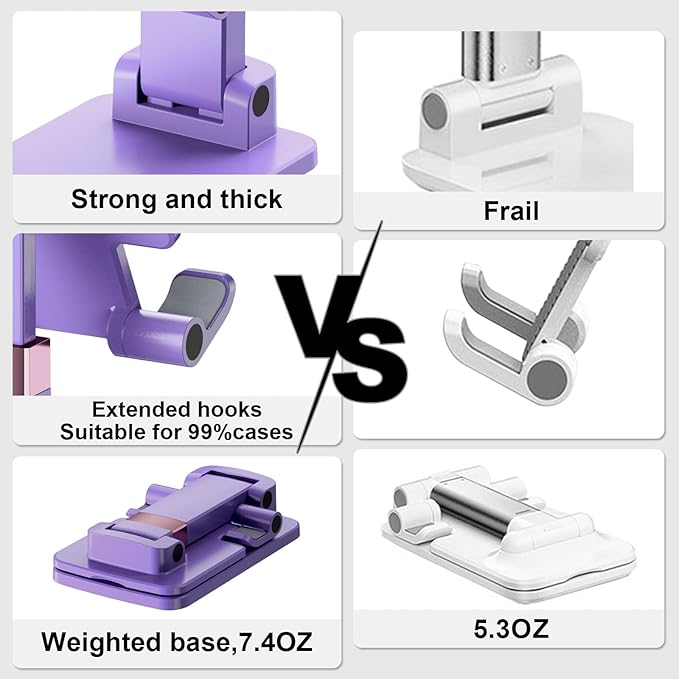 Phone Stand for Desk, Cell Phone Holder Adjustable Cellphone Stand for Desk Height Angle Adjustable Stands, Anti-Slip Base, Compact Design for iPhone Android Devices (Purple, 2Pack)