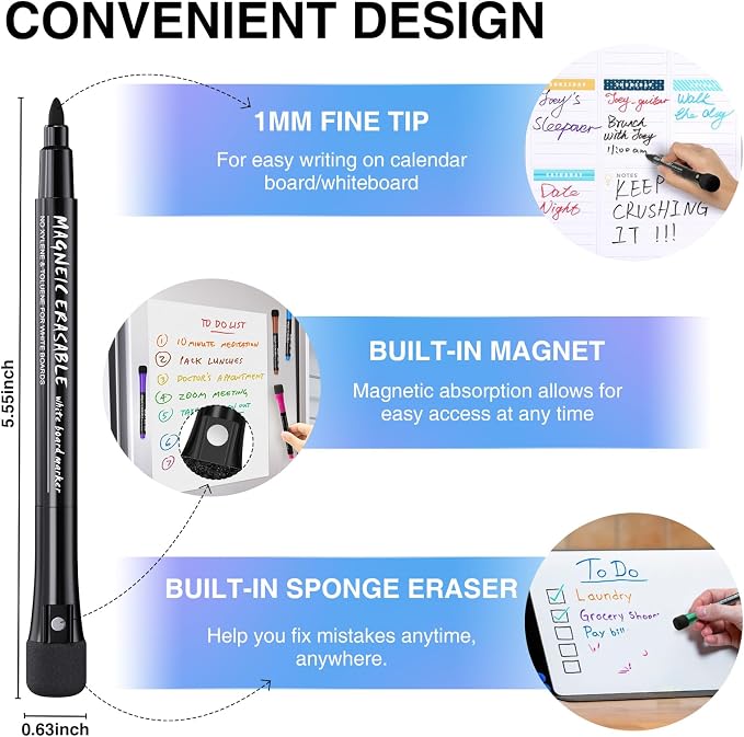 Magnetic Dry Erase Markers Fine: 12 Colors Erasable Whiteboard Markers Fine Point with Eraser Cap, Low Odor White Board Dry Erase Pens Fine Tip for Kids & Teachers, Home, Office and School Supplies