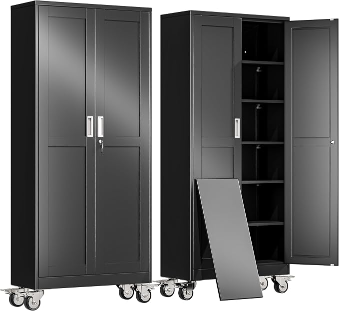 erosoei 75" H Metal Garage Storage Cabinet, Rolling Tool Cabinet with 2 Doors and Wheels, Locker Steel Cabinet with 5 Adjustable Shelves, Organization Cabinet for Garage,Office,Home,Gym,School（Black）