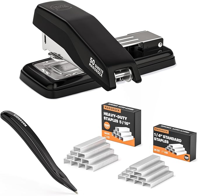 Marsrock Desktop Stapler, Swing-Arm Swivel Stapler, 50 Sheet Capacity, 2000 Staples and Staple Remover, Rotatable Heavy Duty Staplers for Office, Home, Classroom, Booklet, Book Binding,Black