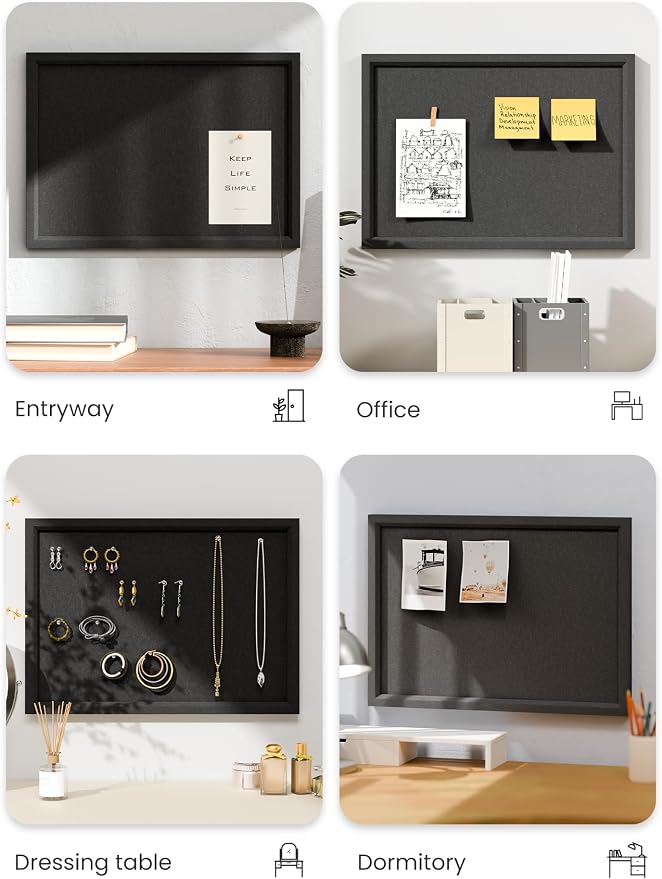 Fluxynara 15.7" x 11.8" Felt Frame Bulletin Board, Black | Cork Board Alternative with 12 Removable Adhesive Tabs, Foldable Pin Board for Wall, Home, Office, Classroom & Dorm