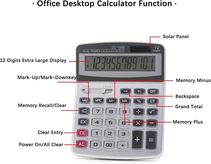 OFFIDIX Desk Office Calculator, 12 Digits Large Solar LCD Display ﻿ | Big Buttons Dual Power Solar Calculator, Desktop Calculators for Work, Business, Home and School