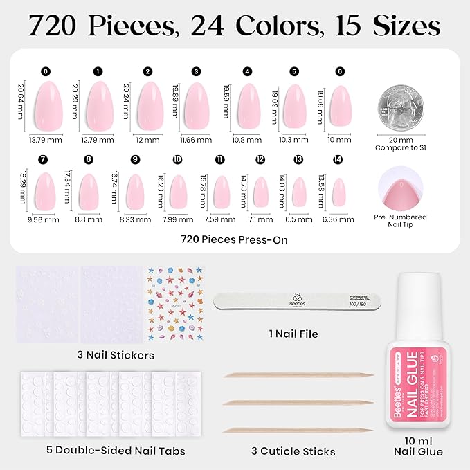 Beetles Press On Nails Kit - Chromatic Reverie | 720Pcs 24 Colors Short Almond Press On Nails | 15 Sizes French Glossy Glitter With Nail Glue & Nail Tabs Stickers, Fake Nails Kit Art For Women