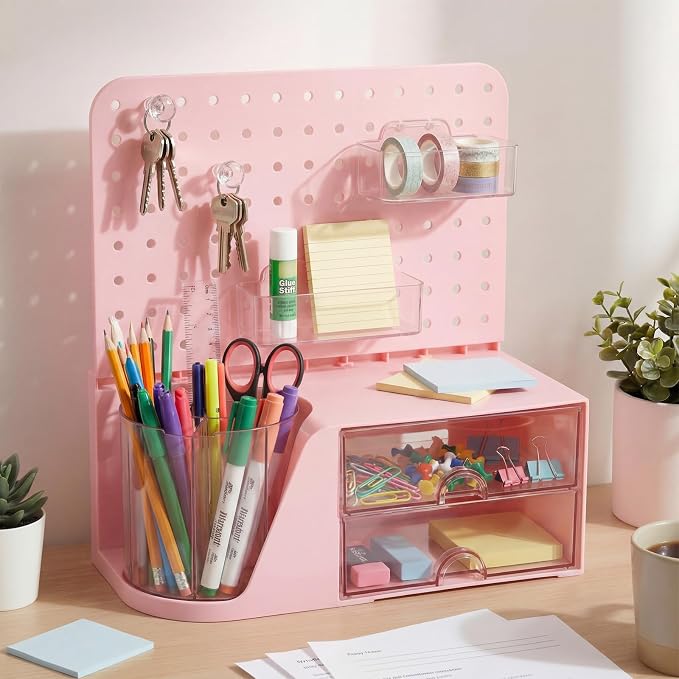 Novabright Desk Organizer with Drawers, Rotating Pen Holder with 5 Slots & Pegboard, Back to School & First Day of School Gifts, Multifunctional Desktop Storage for Desk Home Office Supplies(Pink)