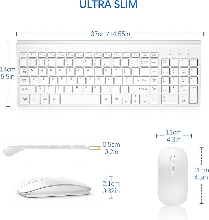 Wireless Keyboard and Mouse Ultra Slim Combo, TopMate - Matte White | 2.4G Silent Compact 2400DPI Mouse and Scissor Switch Keyboard Set with Cover, Batteries Included, for PC/Laptop/Windows/Mac