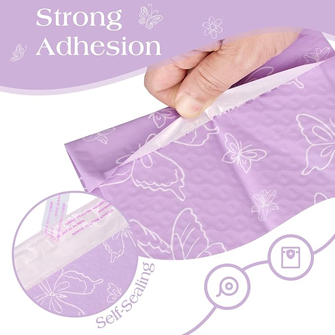 Metronic Bubble Mailers 6x10 Inch 50 Pack Purple Butterfly Padded Mailers | Usable Size 6x9 Waterproof Padded Envelopes for Small Business Self Seal Bubble Envelopes, Gifts Packaging, Shipping Supplies