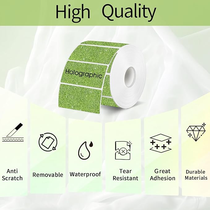 2.25"x1.25" Holographic Thermal Labels Stickers, Glitter Direct Thermal Printer Labels, Waterproof Address Shipping Label Stickers, 300 Sheet/ 1 Roll, Shiny Green