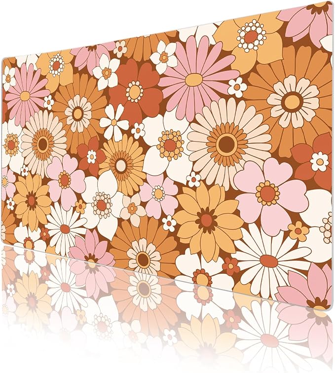 Colorful Star Large Mouse Pad, PU Leather Waterproof Desk Mat, Computer Gaming Mouse Pad, XXL Full Desk Mousepad Non Slip Desk Pad for School Office Home 23.6" x 13.8" - Retro Flowers