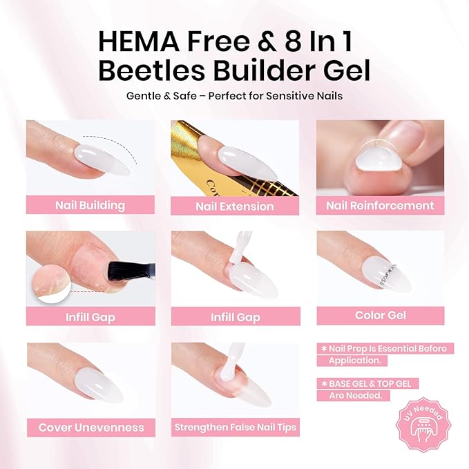 Beetles Builder Gel for Nails HEMA-Free,Milky White Building Gel,for Building Apex Strengthening Thickening Sensitive Nails Extension,Friendly for Beginners,DIY Salon Manicure,LED UV Lamp Needed