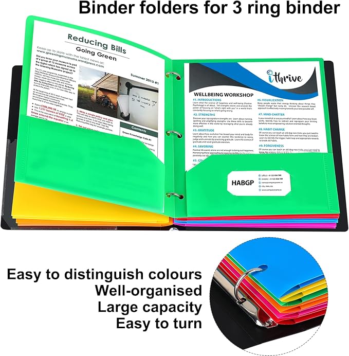 6 Pack Colored Folders with Pockets 3 Hole Punched, Plastic, Binder Folders | Heavy Duty 2 Pocket, with Business Card Holder, Office Blinder Folder, for Documents, Filing Cabinet, Report, School