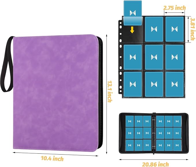 GERMUN 3 Ring 9 Pocket Zipper Card Binder, 720 Double Sided Standard PU Trading Card Album Folder for TCG & Sports Cards, Not Fit Top Loaders (Light Purple)