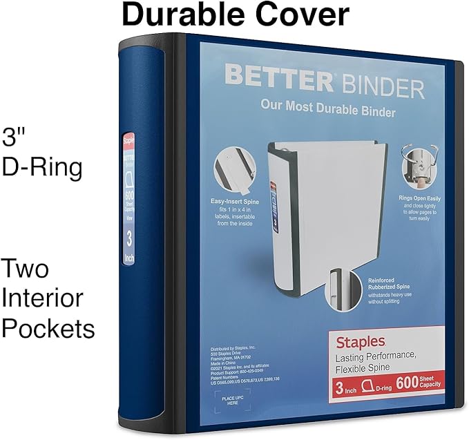 Staples Better Binder, 3" D‑Ring 3‑Ring Binder, Blue, Reinforced Rubber Spine, Heavy‑Duty Design, Holds up to 600 Sheets for School & Office