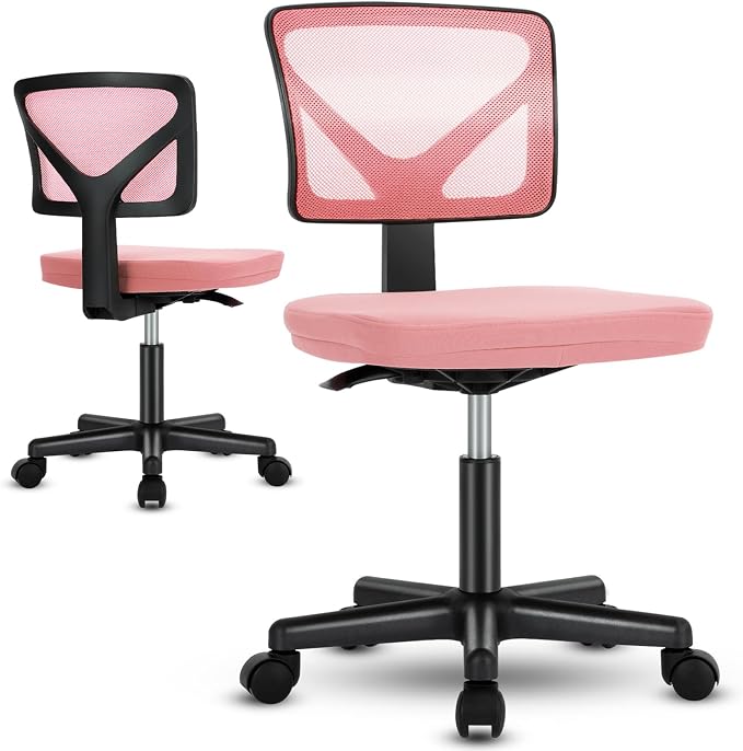 Sweetcrispy Small Armless Desk Chair, Mesh Rolling Office Chairs | Adjustable Ergonomic Lumbar Support, Low-Back, Swivel Wheels, Home Work, Bedroom, Study, Student, Adults, Classic Pink