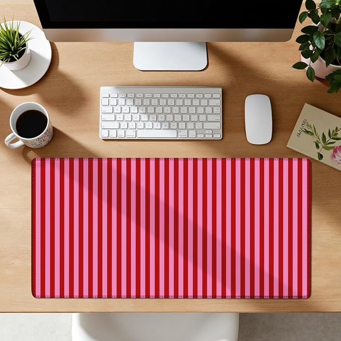 Pink Red Striped Desk Mat Cute Pastel XXL Large Gaming Mouse Pad Desk Pad Kawaii Aesthetic Cozy Keyboard Laptop Computer Mat Home Office Decor for Women