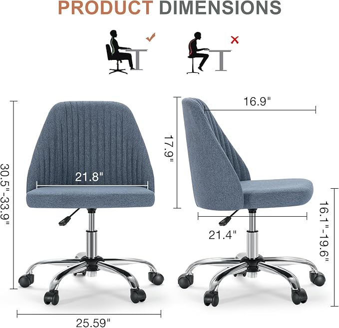 DUMOS Home Office Chair, Comfy Desk Chair with Rolling Wheels | Armless Height Adjustable, Wide Seating, Vanity Swivel Task, Bedroom Student Adults, Blue