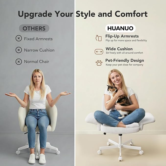 HUANUO Criss Cross Office Chair for Girls, Cross Legged Desk Chair with Adjustable Armrests, Soft Corduroy Fabric for Small Spaces, Home Office Computer Chairs for Petite Women, White